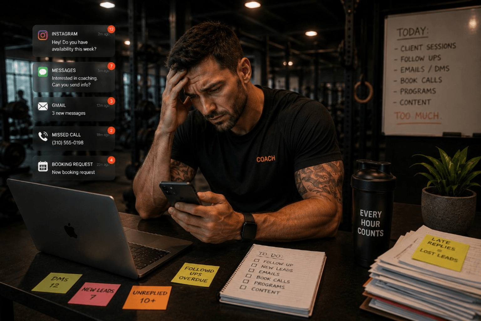 Trainer inbox with missed DMs and unbooked leads